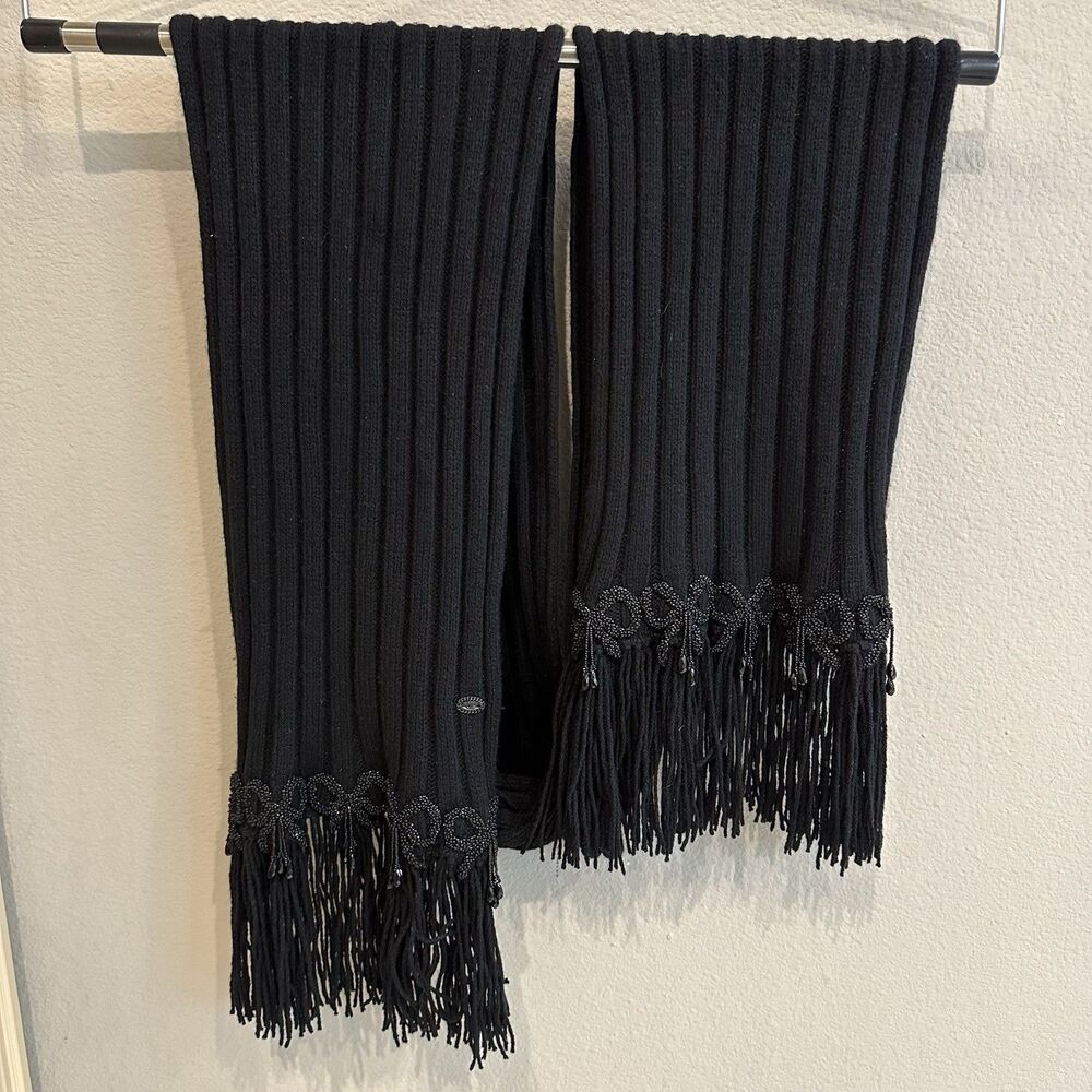 Chanel Vintage 86” Cashmere Knit Scarf Black Fringe Beaded Embellished Wrap RARE - Picture 2 of 9